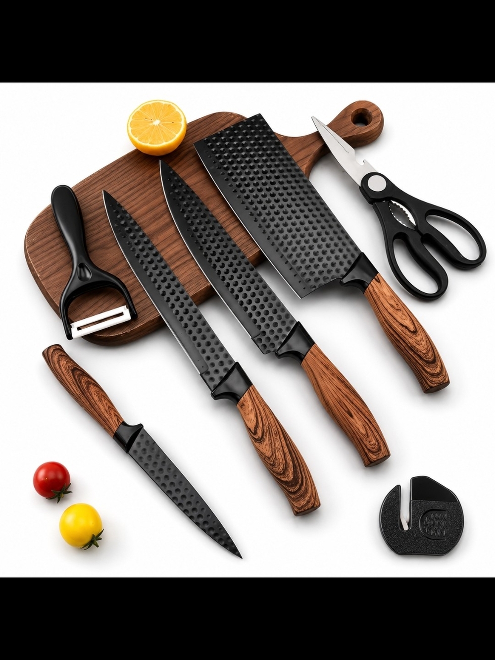 Wood-Handle 7-Piece Kitchen Knife Set with Peeler & Shears - Black Blades